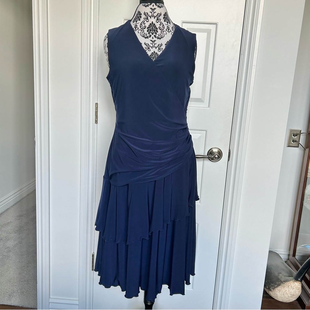 Luxe by Carmen Marc Valvo Sz 14W Navy Faux Wrap Tier Dress